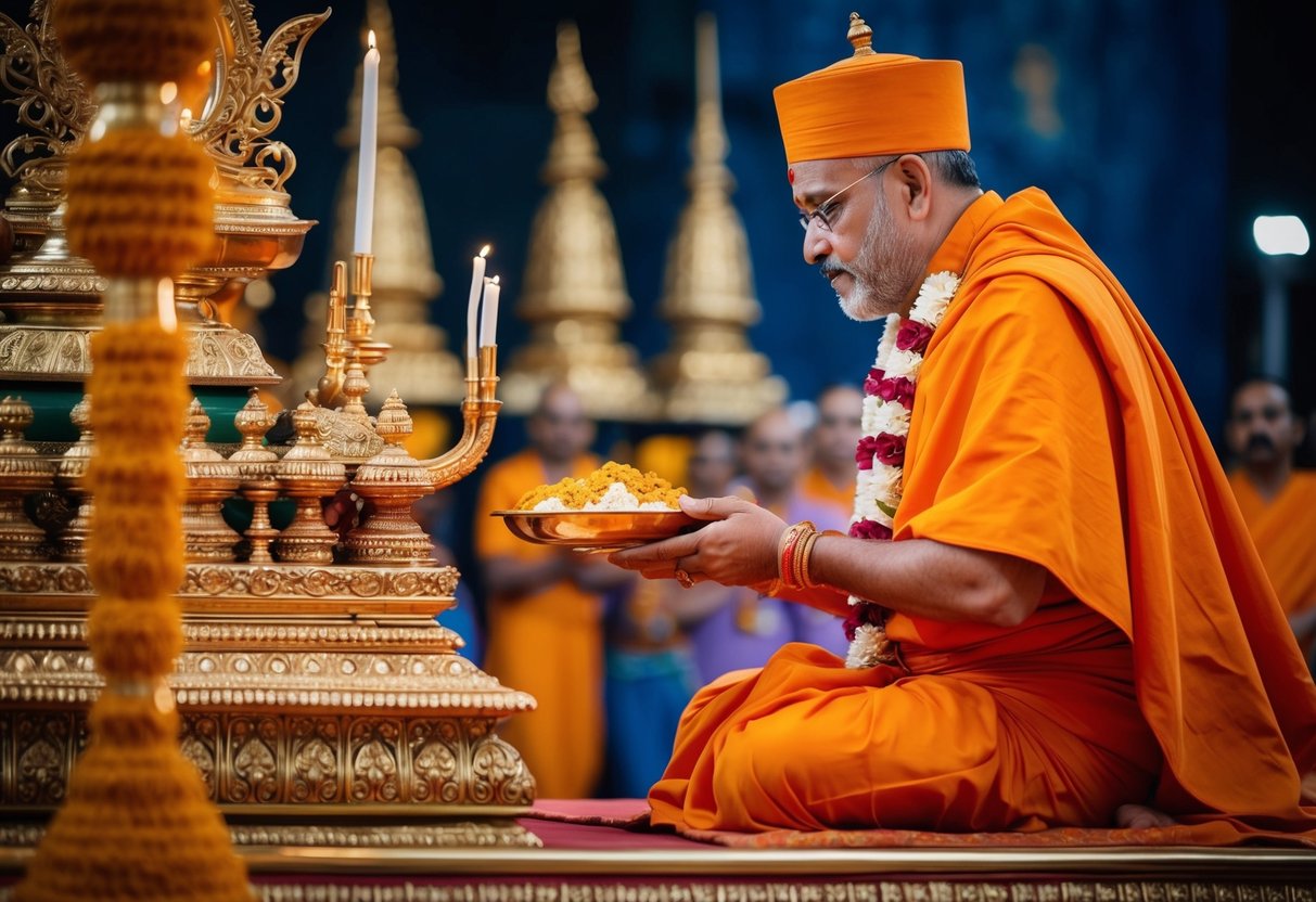 A Hindu priest performing traditional rituals at a temple altar