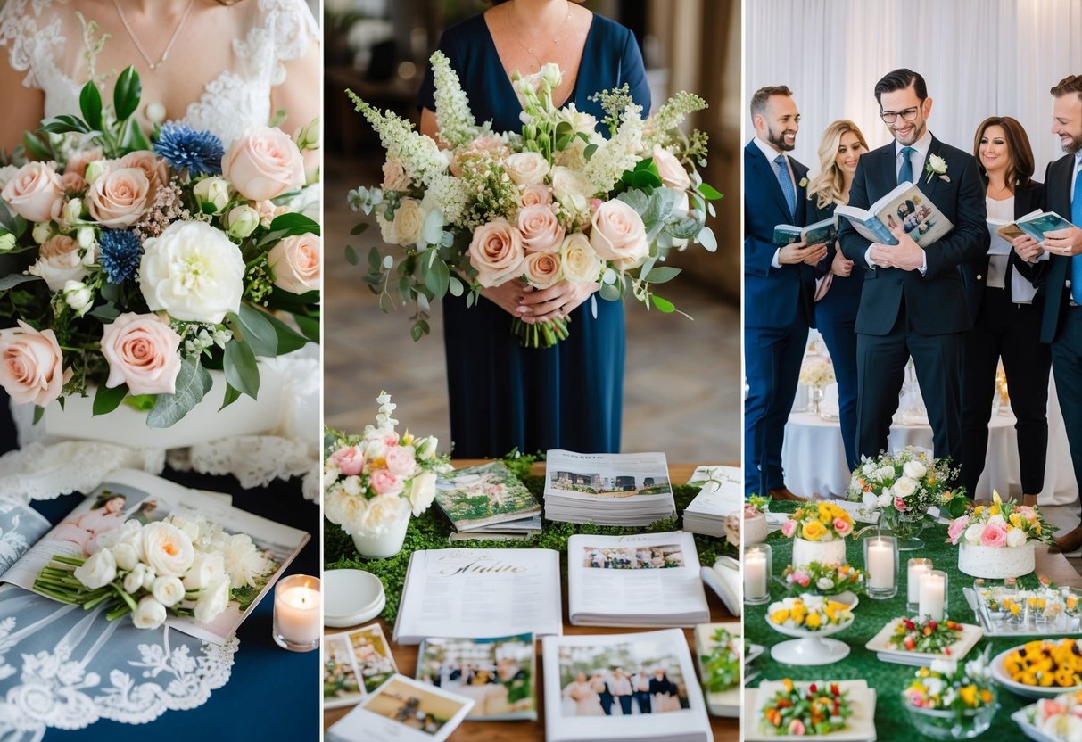 A wedding planner is surrounded by flowers, lace, and bridal magazines, while an event planner is surrounded by a diverse array of decorations, catering options, and venue layouts