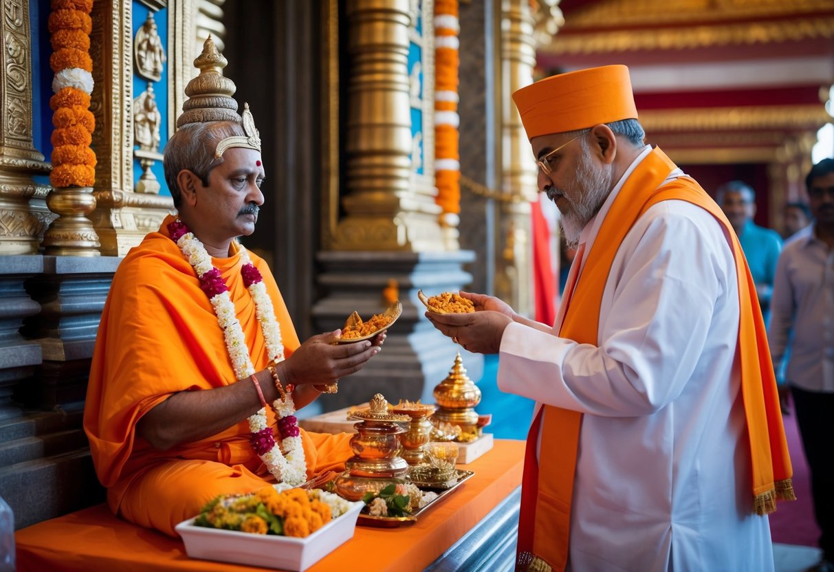 A Hindu temple with offerings and a priest performing a ritual