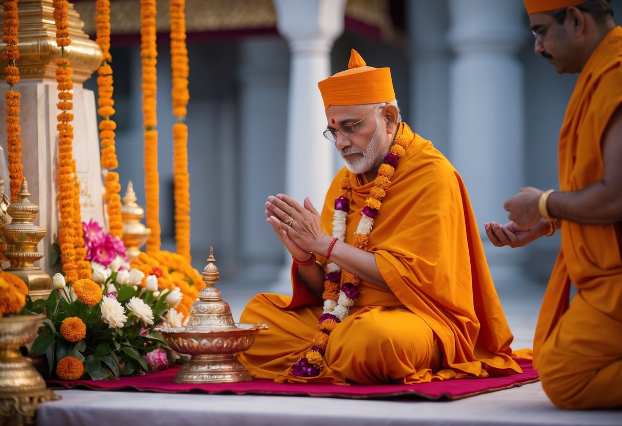 A Hindu priest performing post-ceremony rituals in a serene, flower-adorned temple setting