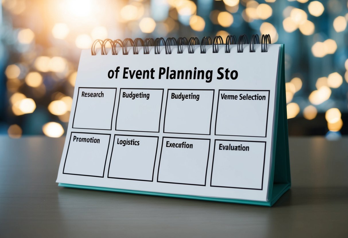 A blank calendar with seven empty slots, each labeled with a different stage of event planning: research, budgeting, venue selection, promotion, logistics, execution, and evaluation