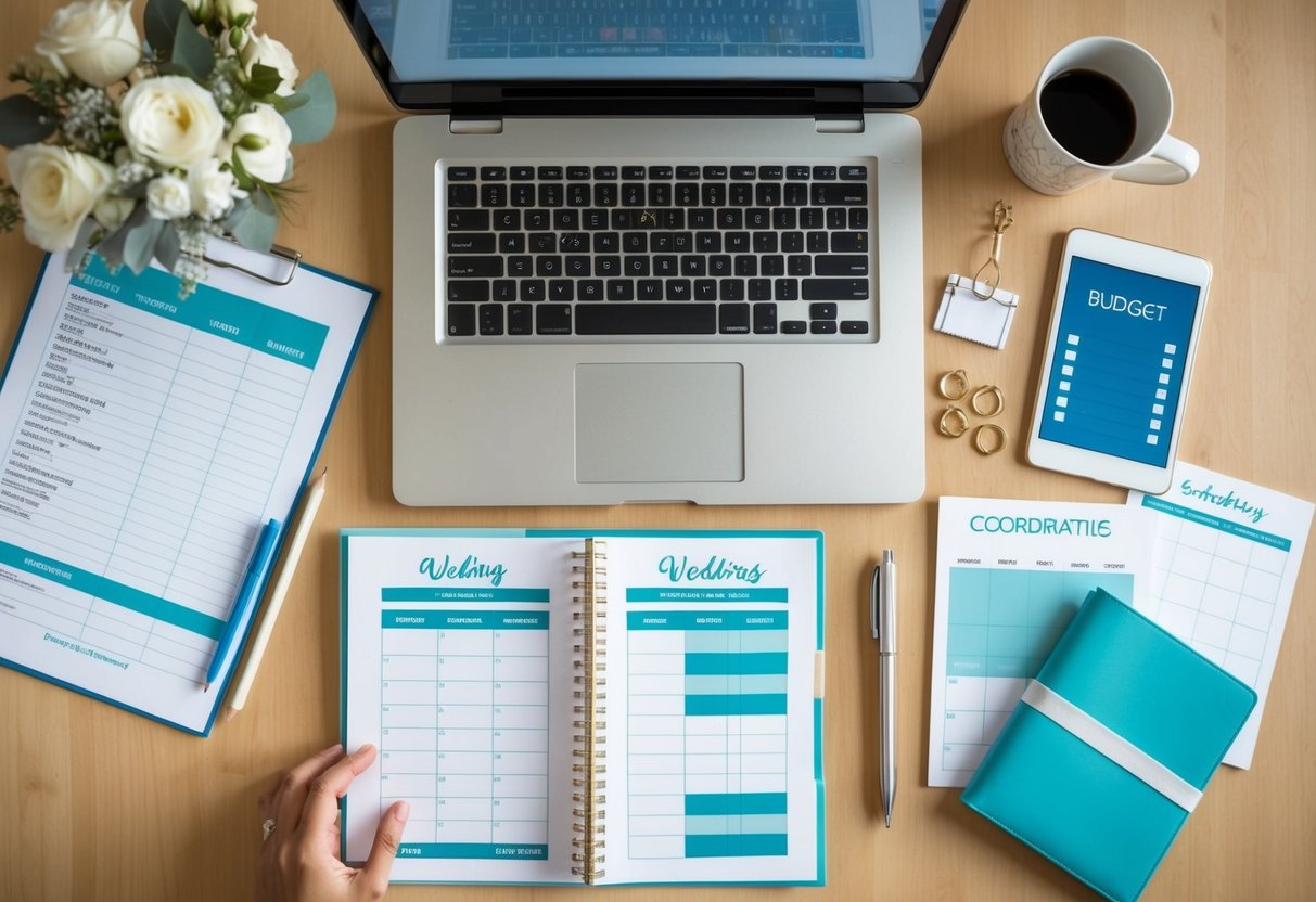 A wedding planner's desk with a calendar, checklist, and coordinating materials spread out, with a laptop open to a budget spreadsheet