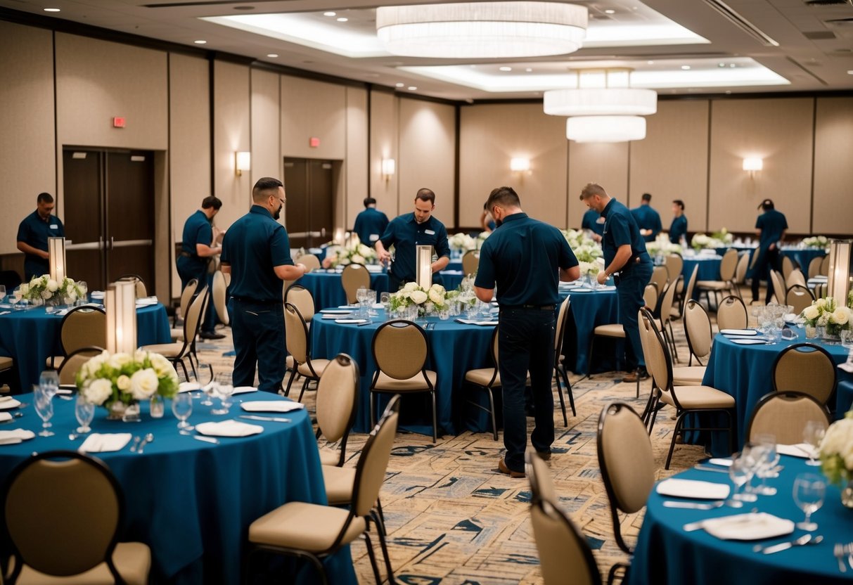 A bustling event space with tables, chairs, and decor being set up by a team of workers