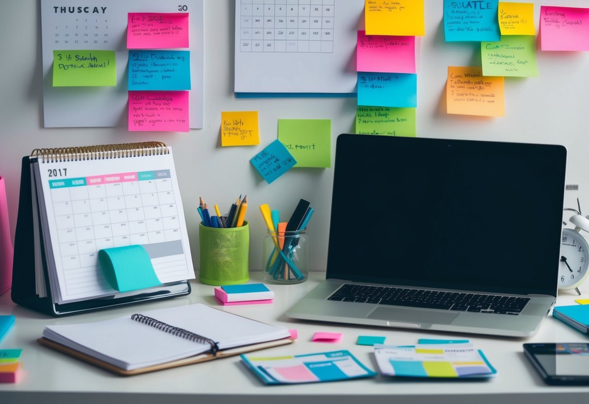 A cluttered desk with a calendar, notepad, and laptop. Post-it notes with event details cover the wall. A planner sits open, filled with colorful tabs and scribbles