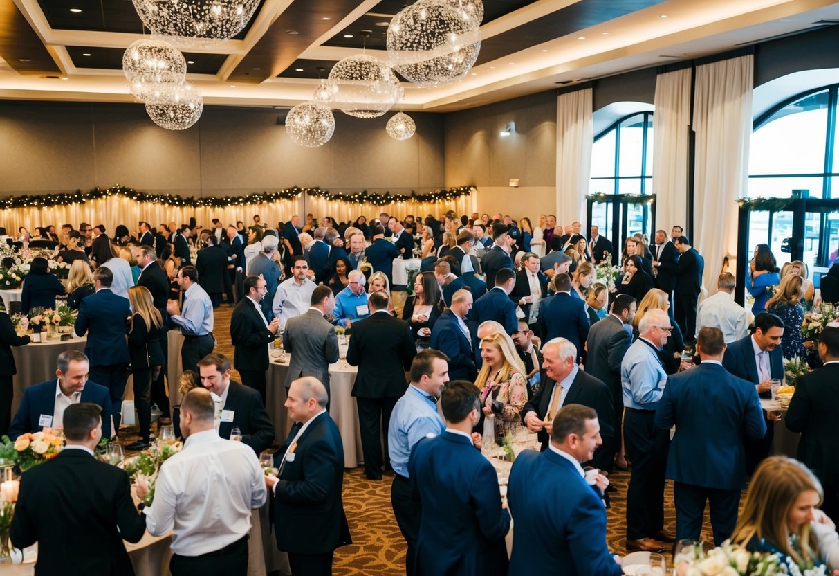 A bustling event venue with vendors, staff, and guests mingling. Decorations and lighting create a festive atmosphere
