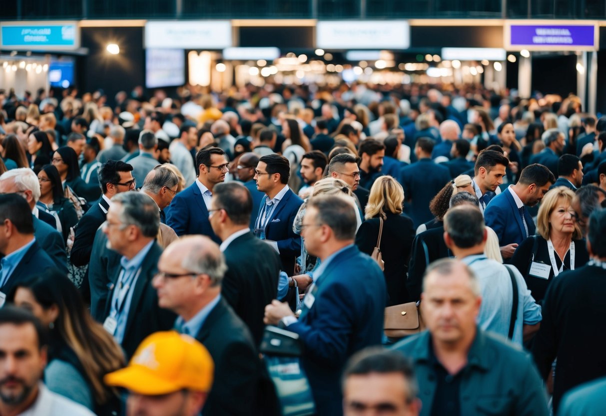 A crowded event venue with a chaotic layout, multiple vendors, and confused attendees seeking direction