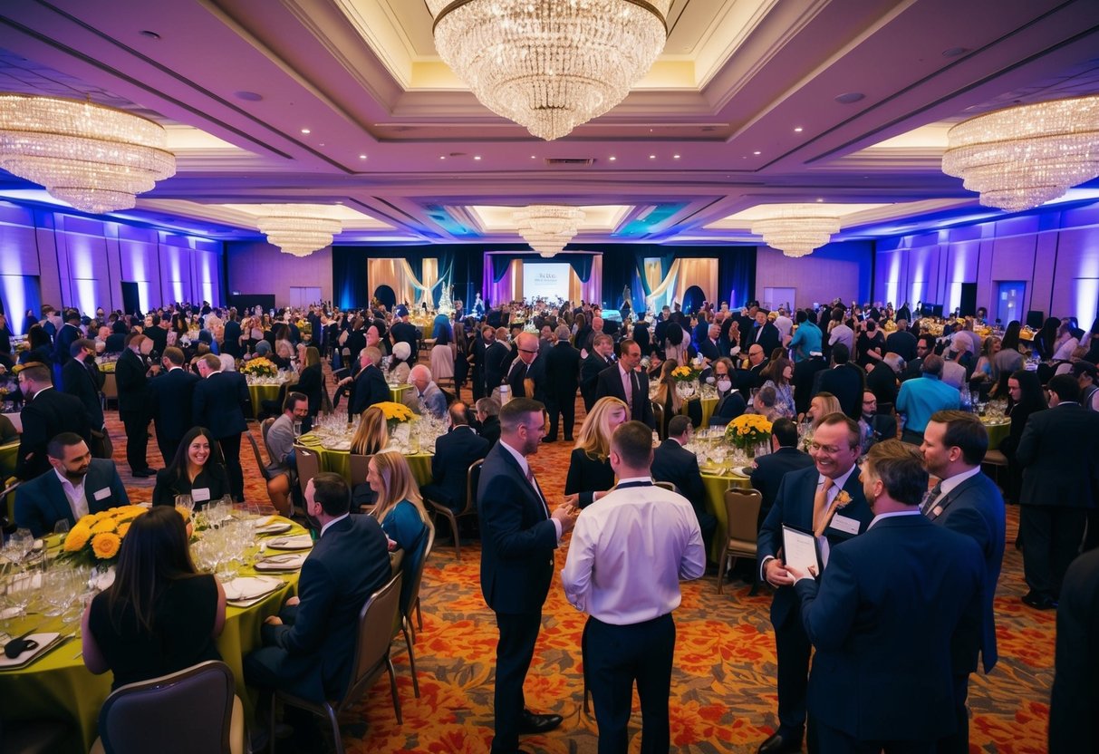 A bustling event venue with a well-organized layout, vibrant decor, and engaged attendees interacting with professional event planners