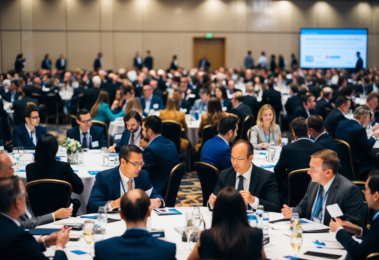 A crowded conference hall with people engaged in conversation, exchanging business cards, and attending various workshops and presentations
