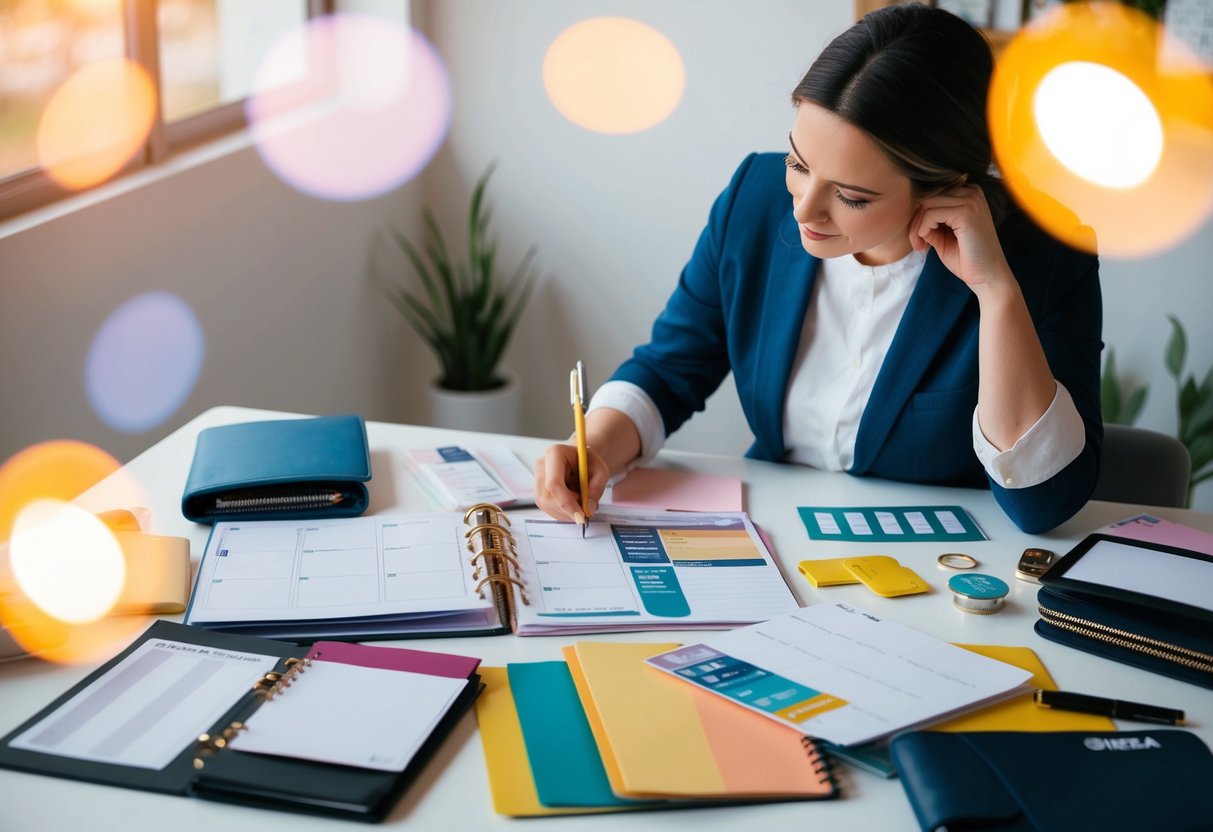 A person surrounded by various planner layouts and accessories, pondering and comparing options