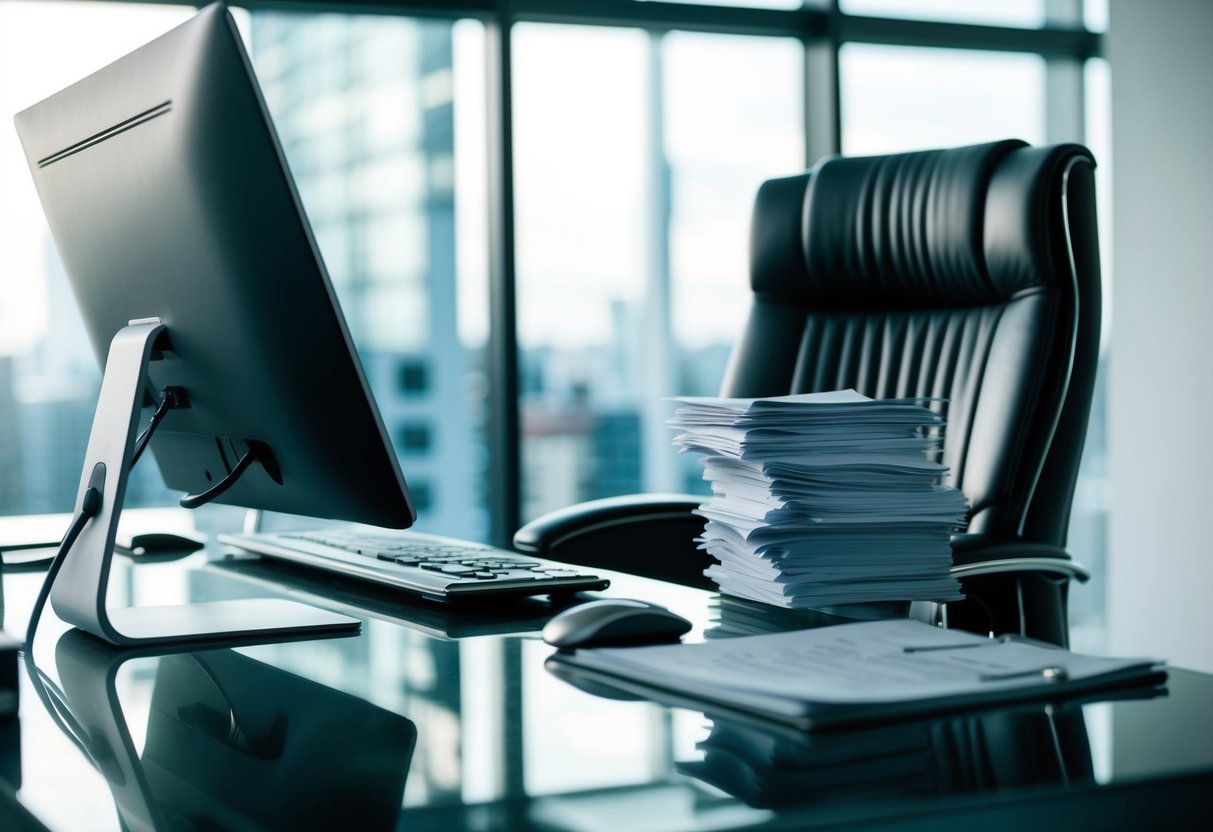 A sleek, modern office desk with a high-end computer, luxurious leather chair, and a stack of financial reports