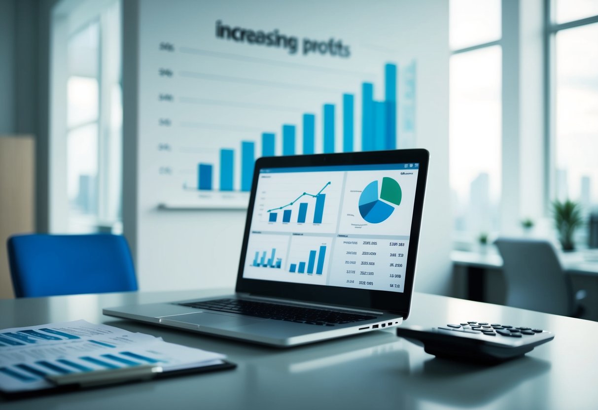 A sleek, modern office desk with a laptop, financial reports, and a calculator. A chart showing increasing profits on the wall