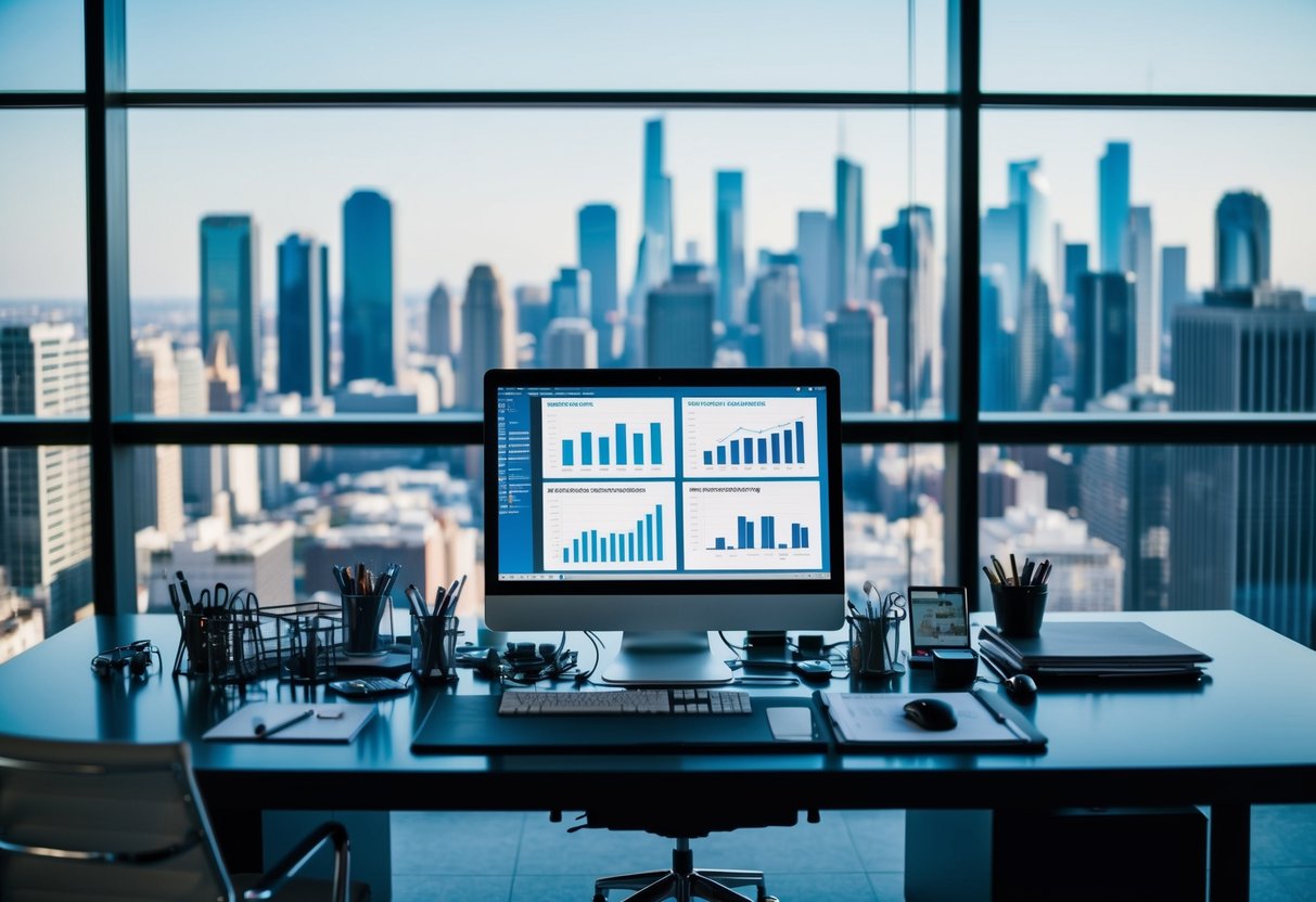 A sleek, modern office space with a panoramic view of the city skyline. A desk cluttered with event planning tools and a computer screen displaying financial charts and graphs