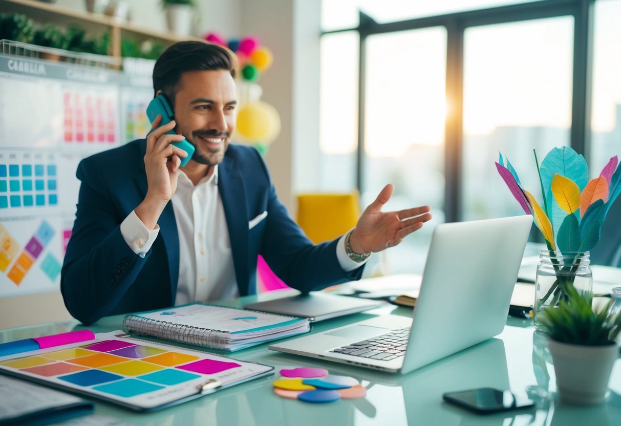 A cluttered desk with a calendar, laptop, and colorful event decor samples. A confident person on the phone with a client, gesturing with enthusiasm