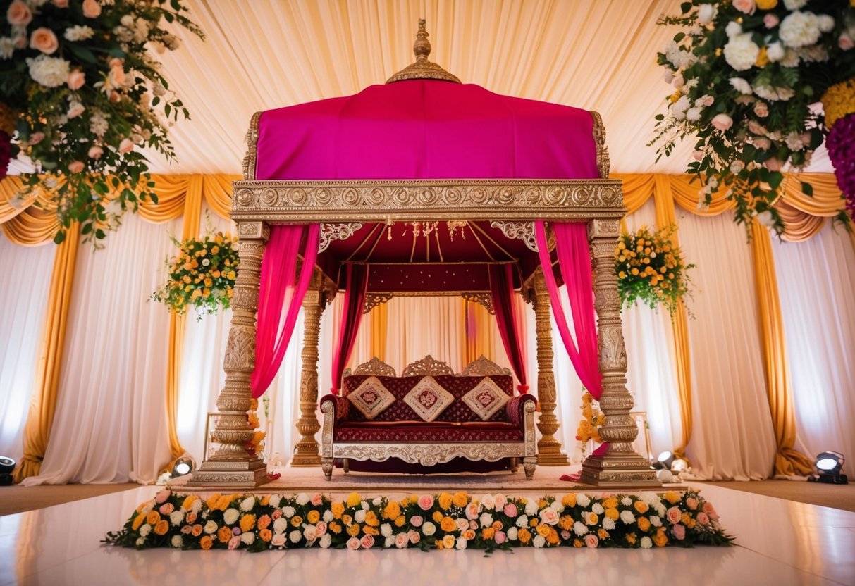 A grand mandap adorned with intricate carvings and colorful fabrics, surrounded by ornate decorations and lush floral arrangements