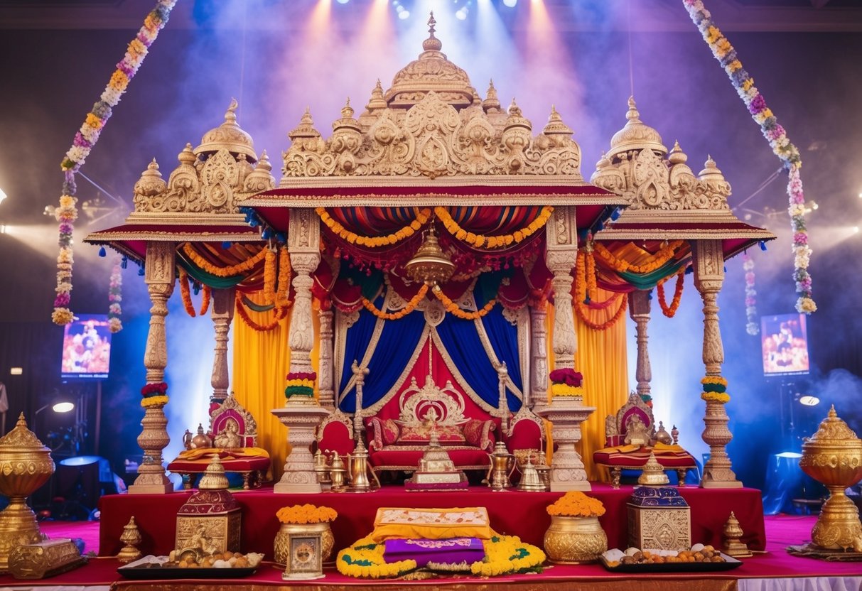 A grand mandap adorned with intricate carvings and colorful fabrics, surrounded by offerings and incense, symbolizing cultural and ritual significance