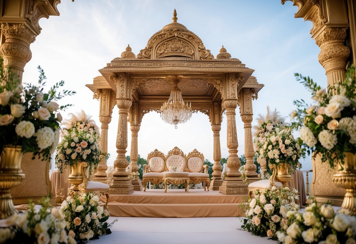 A grand mandap adorned with intricate carvings and ornate details, surrounded by lush floral arrangements and opulent decor