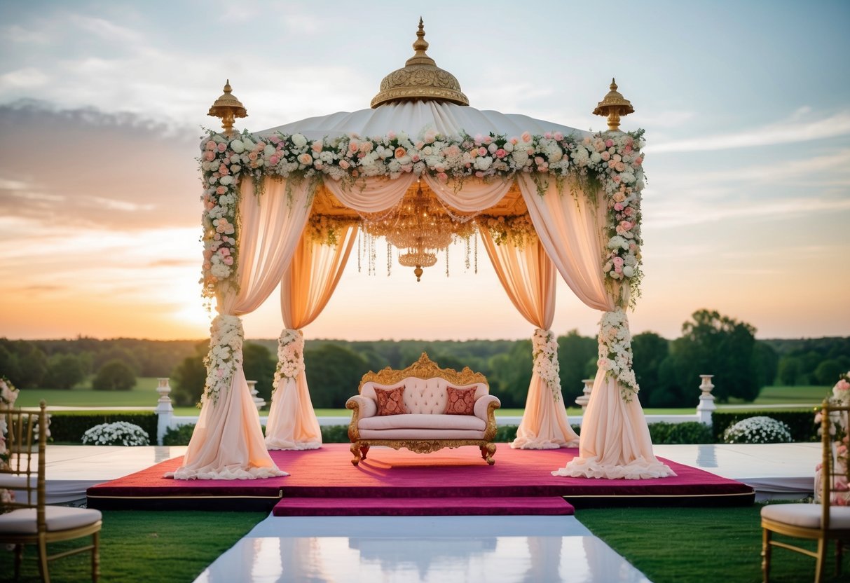 A lavish mandap adorned with intricate floral decorations, draped fabric, and ornate details, set against a picturesque backdrop of a serene garden or breathtaking sunset