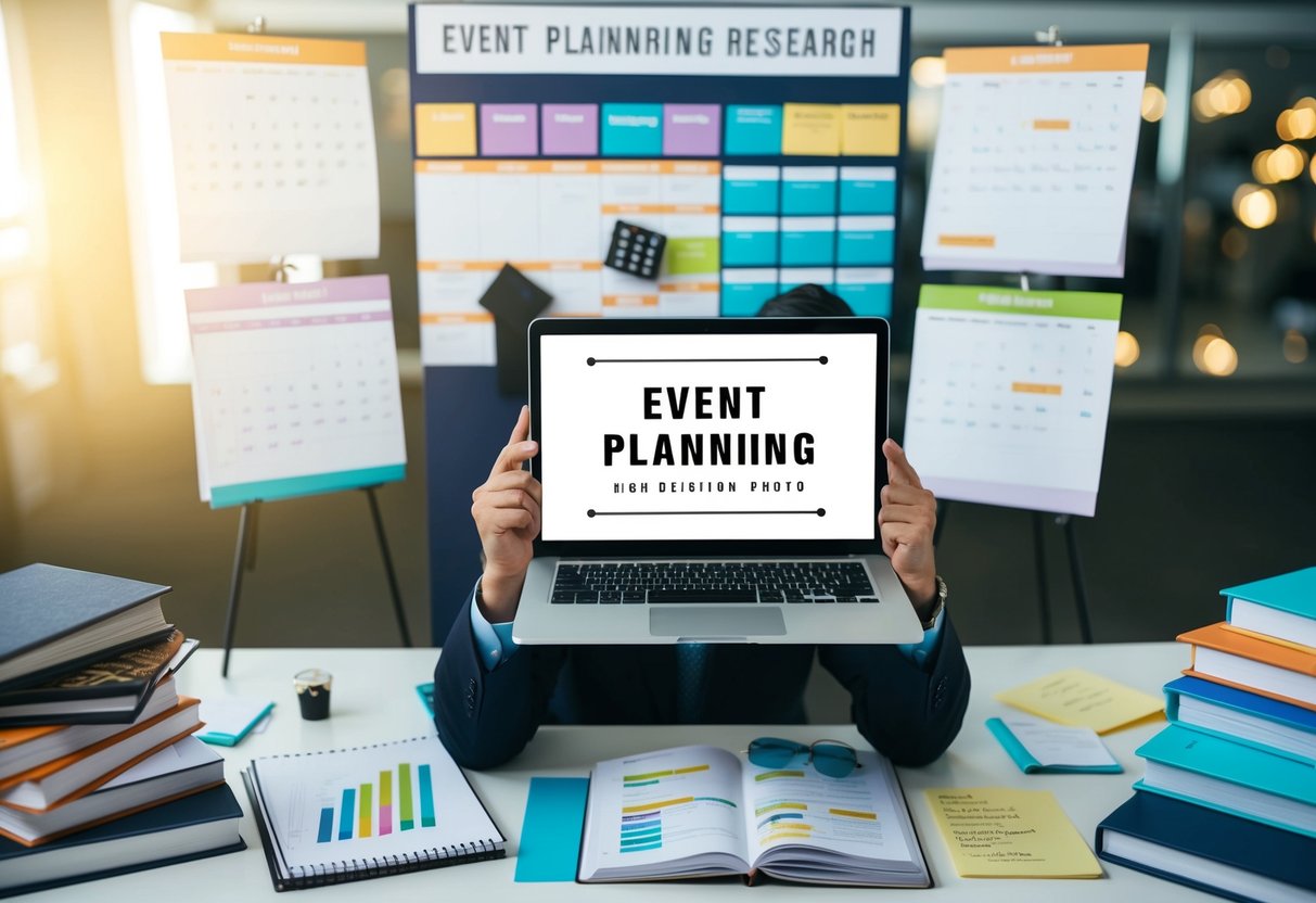 A person researching on a laptop surrounded by event planning books, calendars, and notes, with a vision board displaying different event concepts