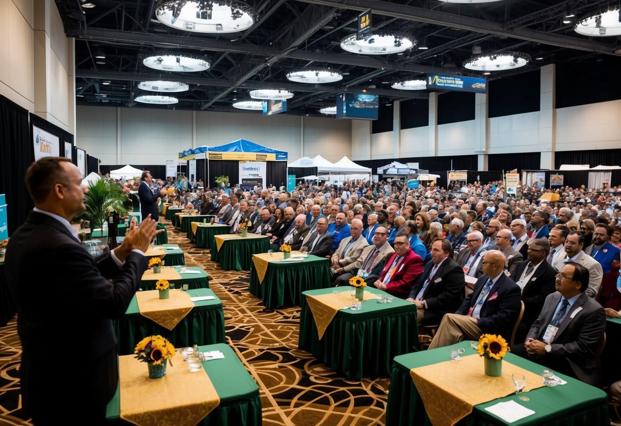 A bustling convention center with vendors, stages, and crowds. Decorated tables and banners line the aisles. A speaker addresses a packed audience