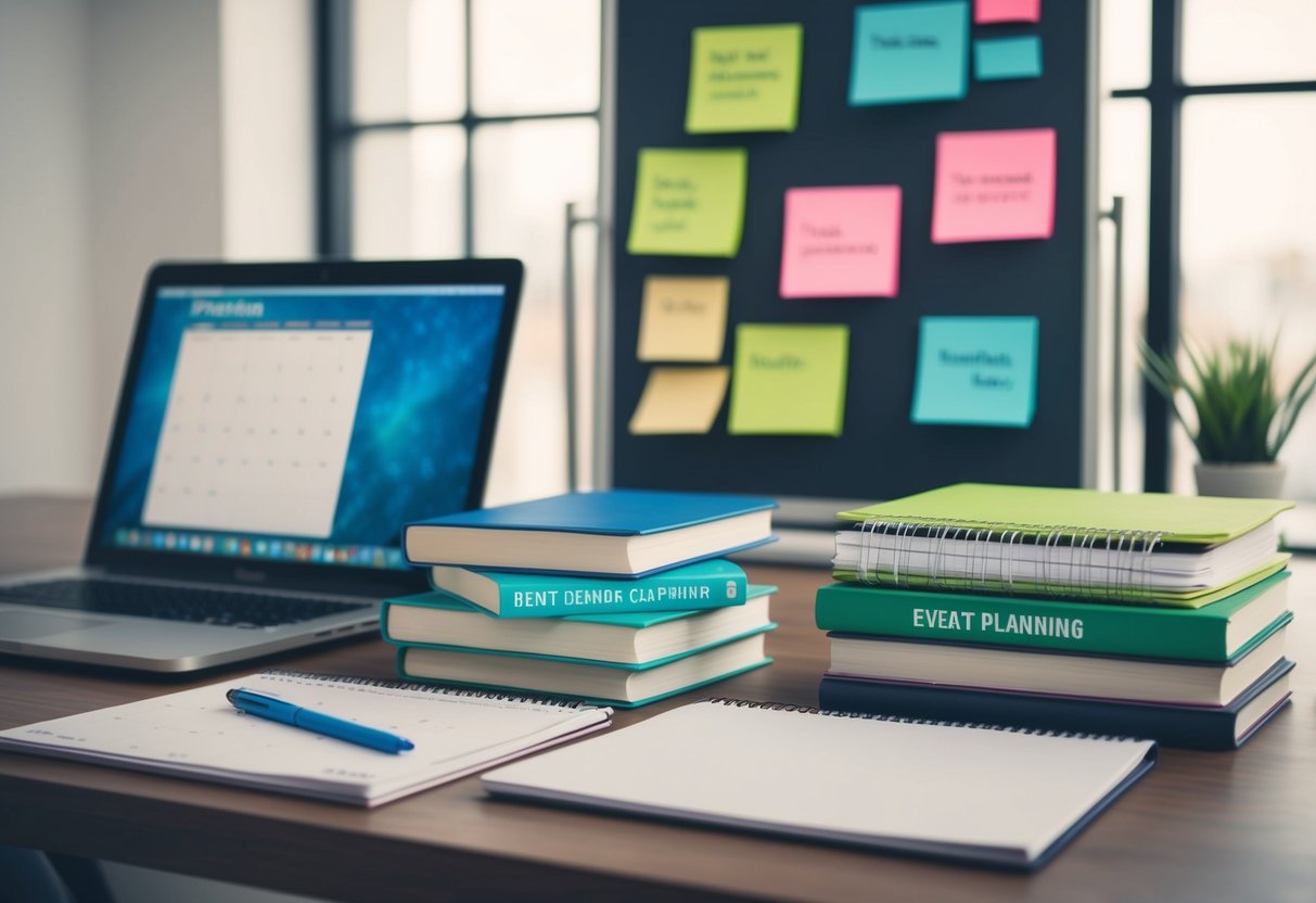 A desk with a laptop, calendar, and notepad. A stack of books on event planning. A brainstorming board with sticky notes and markers