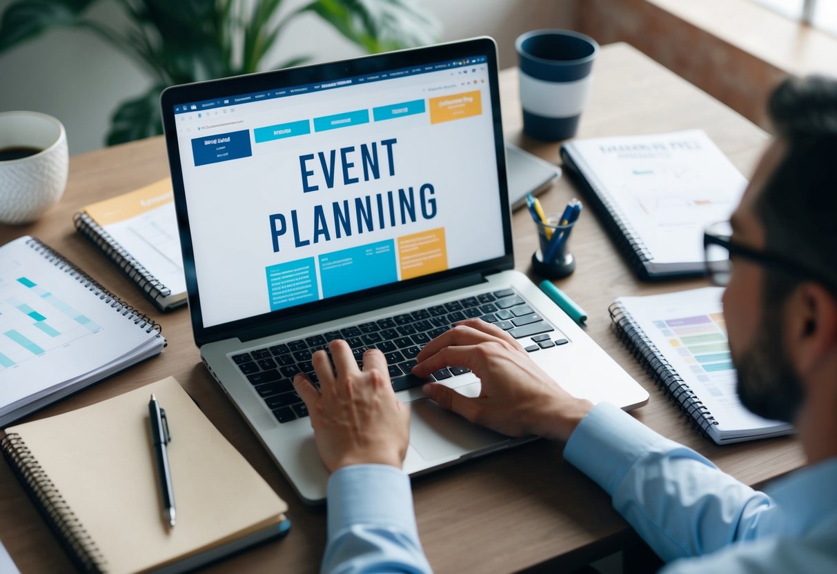 A person researching event planning online, surrounded by notebooks, a laptop, and various planning materials