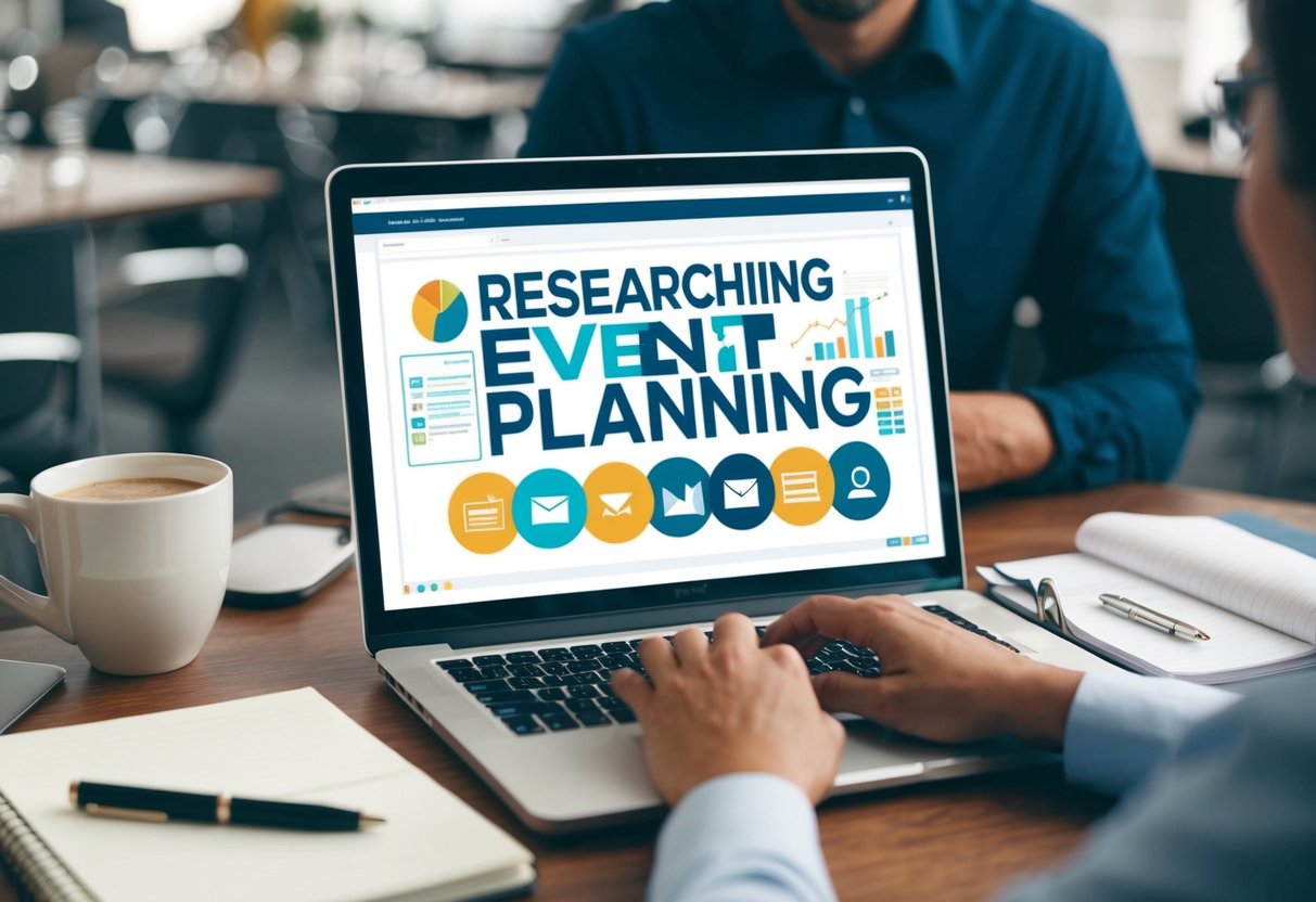 A person researching event planning online, surrounded by a laptop, notebook, and pen