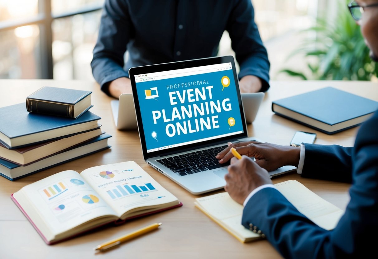 A person researching event planning online, surrounded by books, a laptop, and a notebook filled with ideas