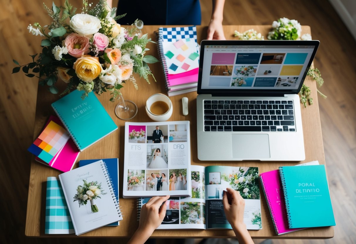 A table strewn with wedding magazines, notebooks, and a laptop, surrounded by colorful swatches and floral arrangements