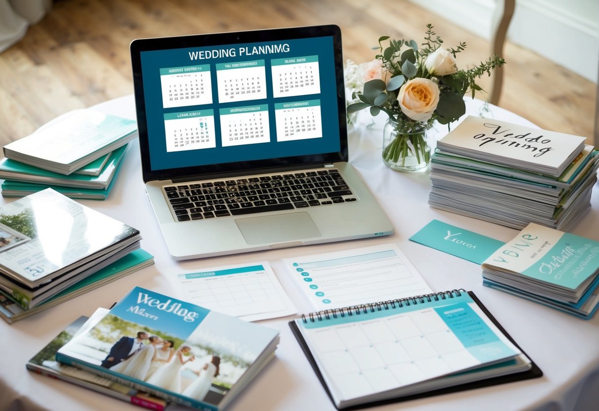 A table covered in wedding planning books, magazines, and a laptop with various tabs open. A calendar with dates circled and a stack of note cards with venue options
