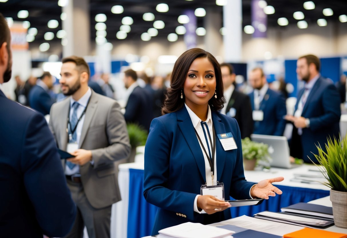 An event coordinator overseeing a bustling trade show, managing vendors and ensuring smooth operations