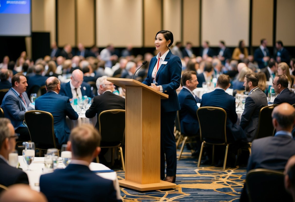 An event coordinator stands at a podium, overseeing a bustling conference hall. Attendees network and engage in lively discussions, while the coordinator orchestrates the smooth flow of the event