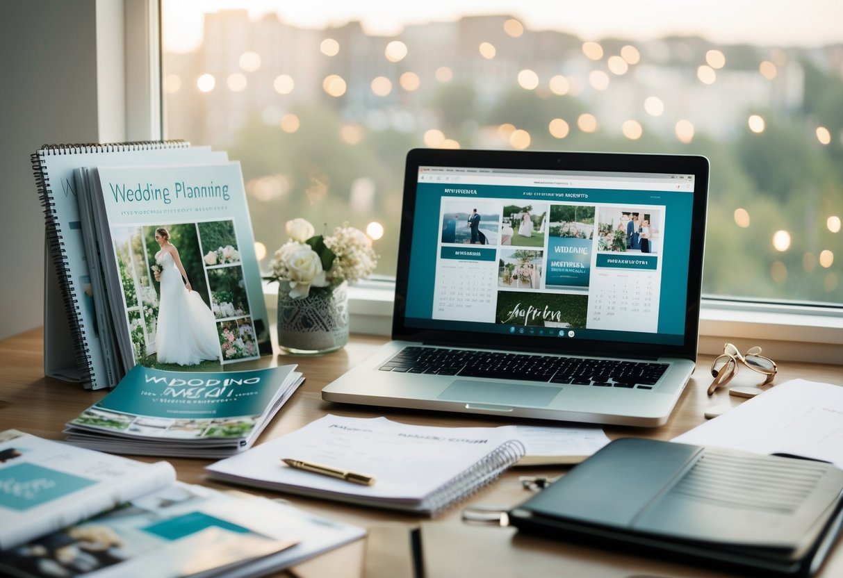 A cluttered desk with wedding magazines, a calendar, and a laptop open to a wedding planning website