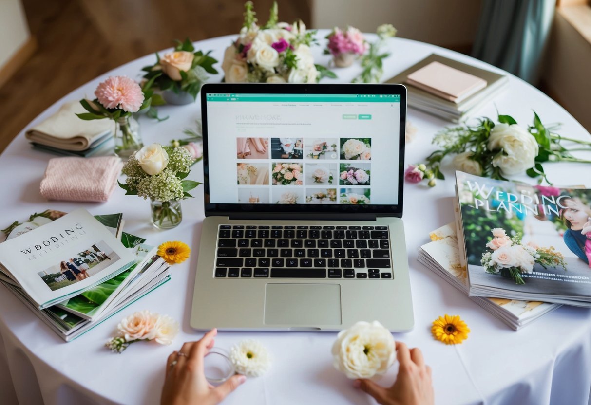 A table covered in wedding magazines, fabric swatches, and flower samples. A laptop open to a wedding planning website