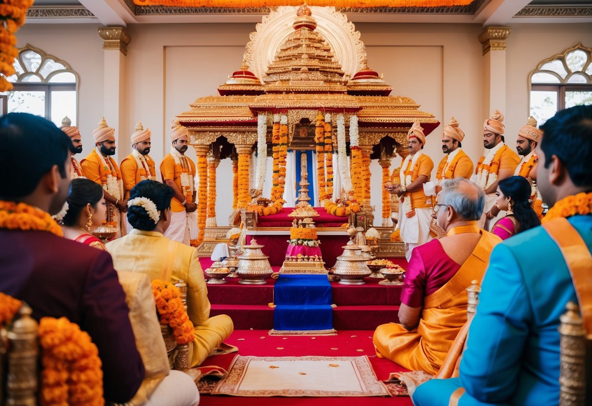 A Hindu wedding ceremony taking place in a decorated temple with traditional rituals and offerings