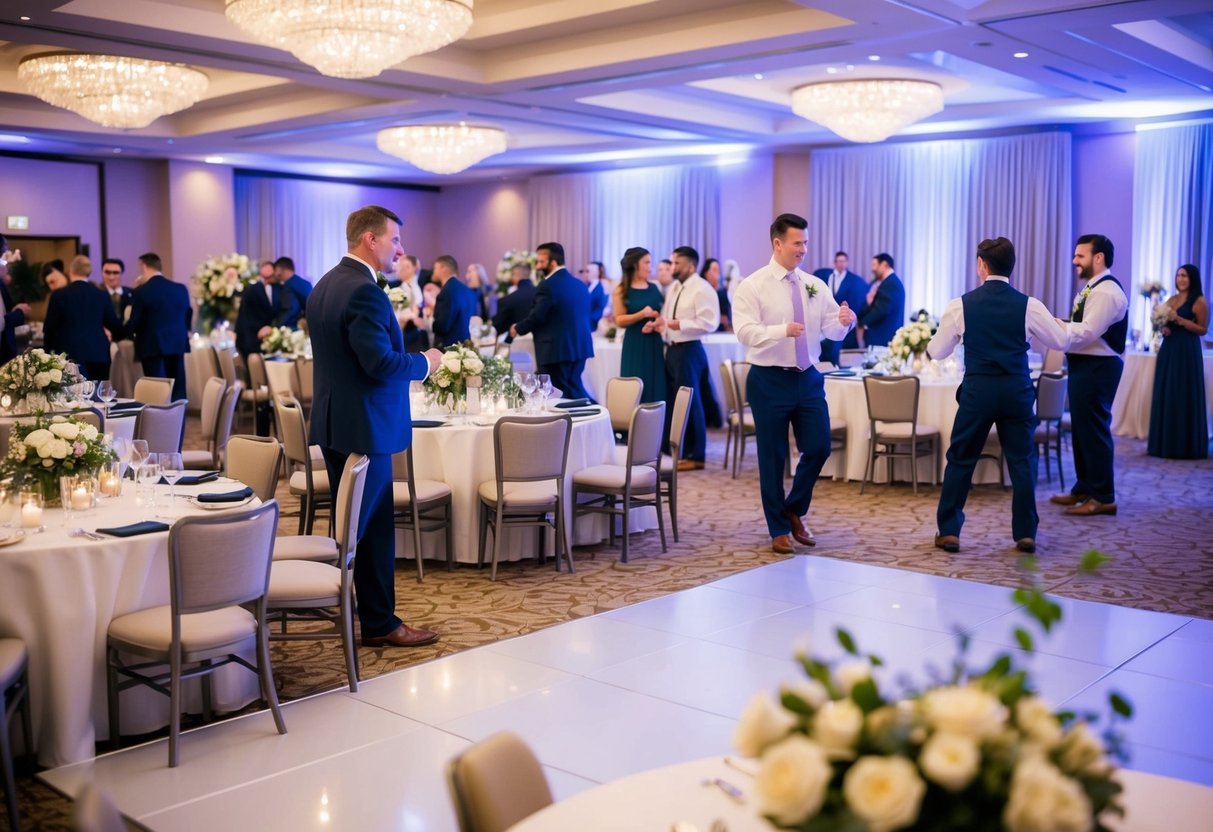 A bustling wedding reception with tables, flowers, and a dance floor. A coordinator directs staff and ensures the event runs smoothly