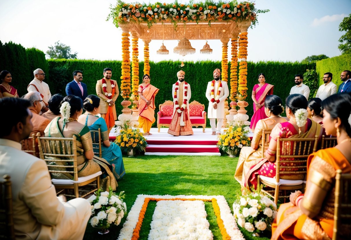 A Hindu wedding ceremony taking place in a beautiful garden with vibrant flowers and traditional decorations, surrounded by family and friends