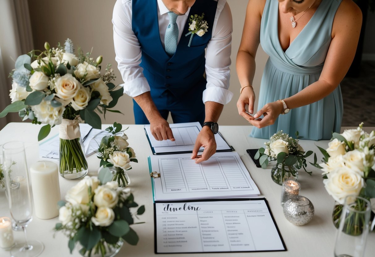 A wedding planner surrounded by wedding decor and a timeline, while a day-of planner is coordinating last-minute details on the day of the event