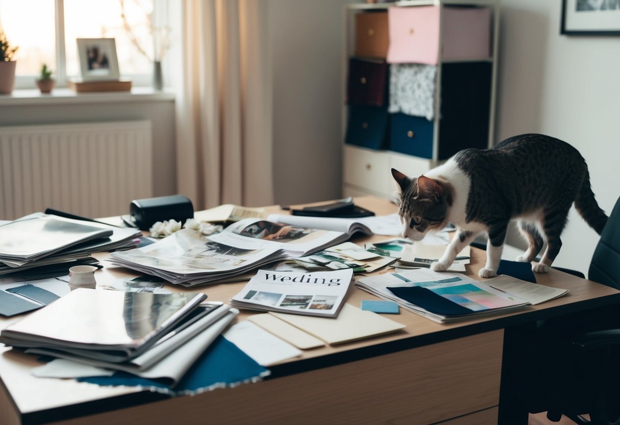 A cluttered desk with scattered wedding magazines, torn fabric swatches, and a stressed-out pet pacing back and forth