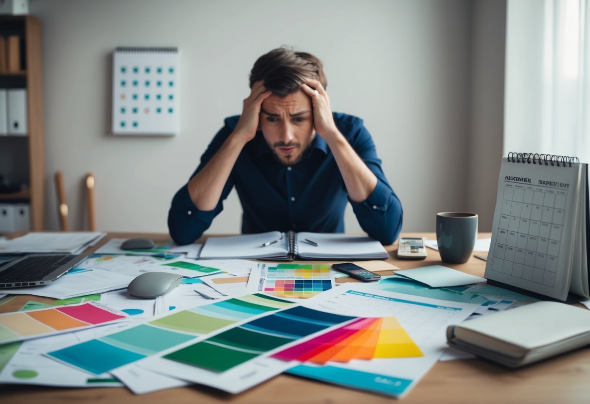 A cluttered desk with scattered papers, color swatches, and a calendar. A frustrated person stares at the chaos, trying to make sense of it all