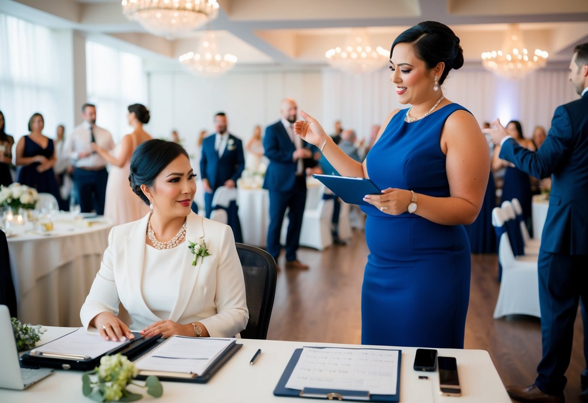 A wedding planner sits at a desk with a calendar and spreadsheets, while a day-of planner stands in a bustling reception hall, directing vendors and coordinating last-minute details