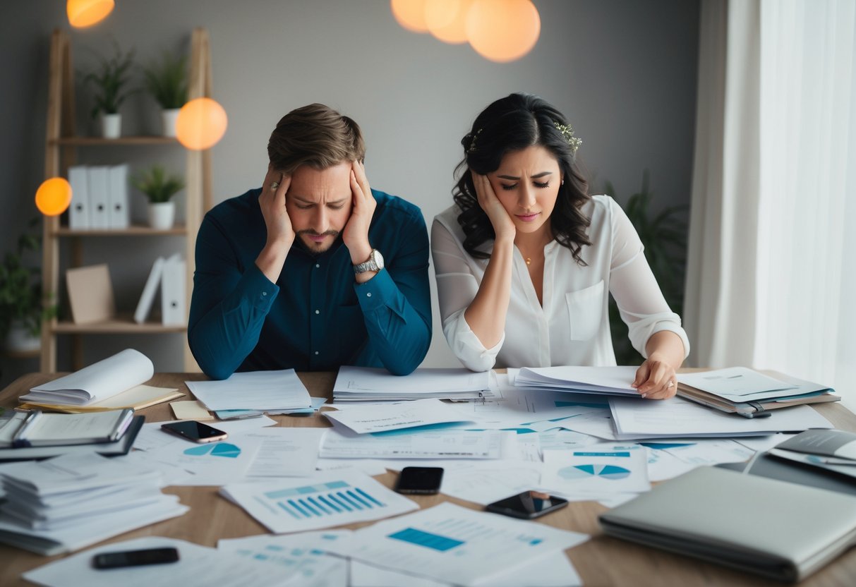 A couple surrounded by scattered wedding planning materials, looking stressed and overwhelmed