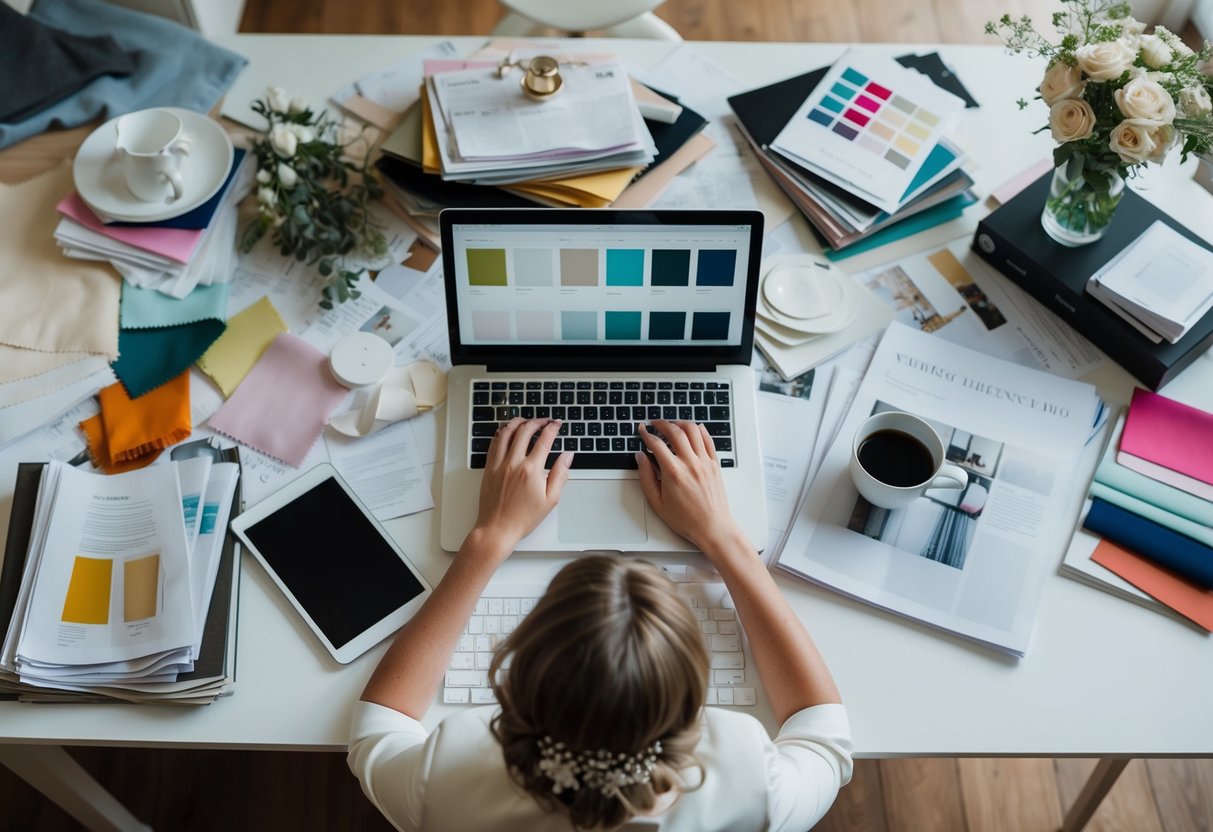 A cluttered desk with scattered papers, fabric swatches, and color samples. A frustrated bride stares at her laptop, surrounded by wedding magazines and a half-empty cup of coffee