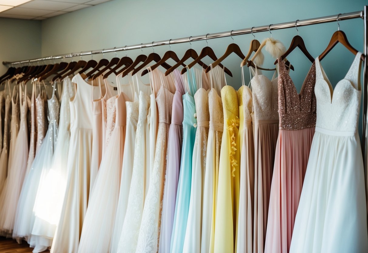 A vibrant array of dresses in various shades of white, cream, and pastel colors, hanging in a sunlit bridal boutique