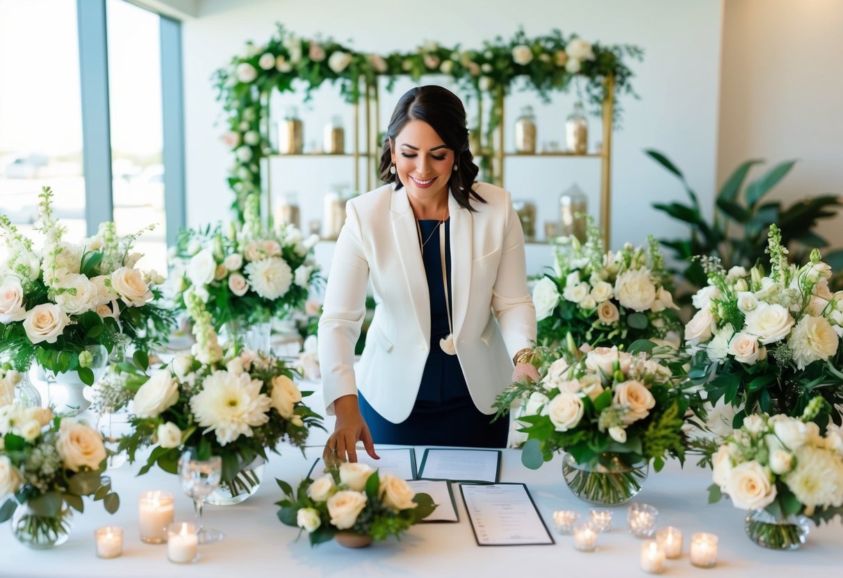 A wedding planner surrounded by floral arrangements and wedding decor, organizing seating charts and coordinating with vendors