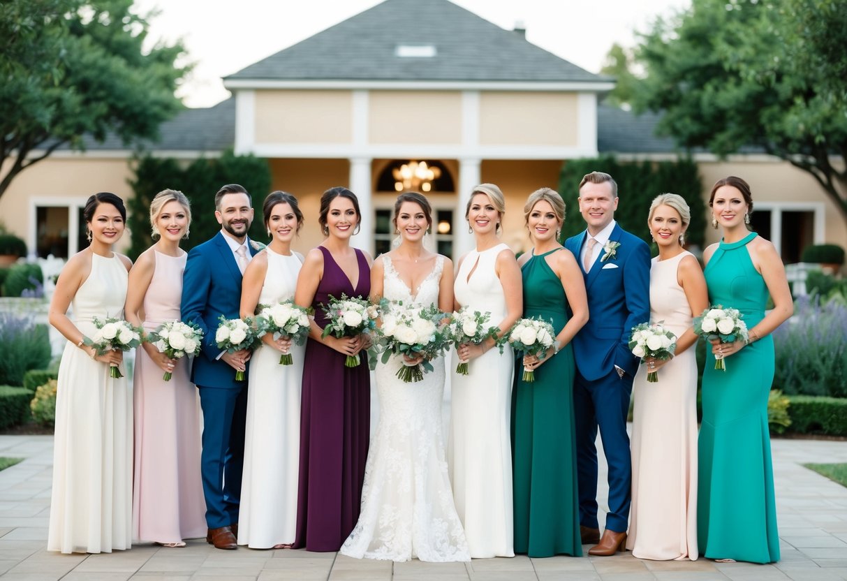 A group of elegantly dressed wedding guests, each wearing a different color outfit, stand in front of a beautiful outdoor venue