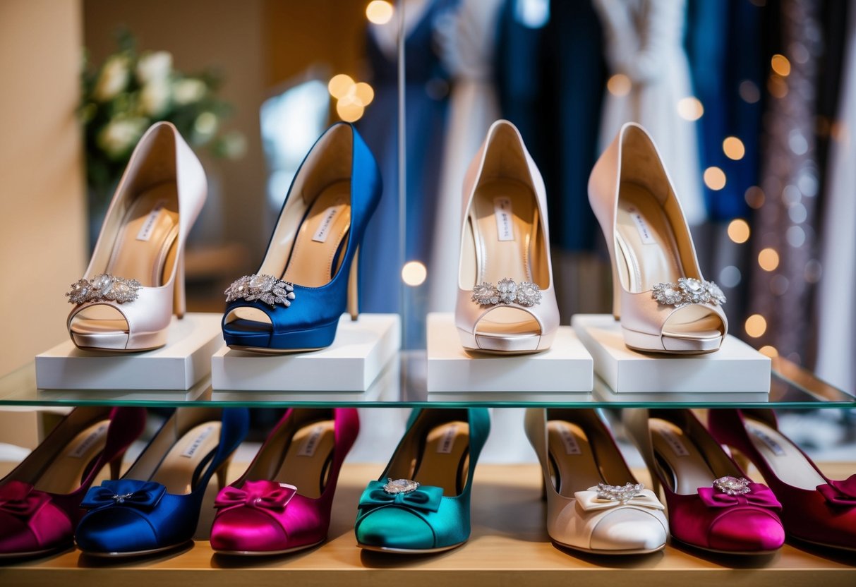 A display of elegant accessories and footwear in various shades of wedding-appropriate colors