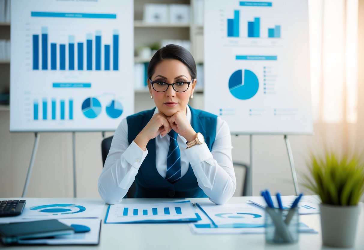 A wedding planner sits at a desk, surrounded by charts and graphs. They are deep in thought, considering financial projections and market trends
