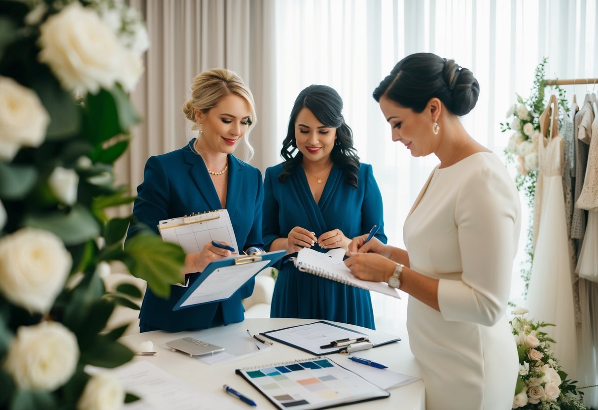 A wedding planner coordinating logistics, while a designer creates decor. Planner with clipboard and schedule, designer with fabric swatches and sketches