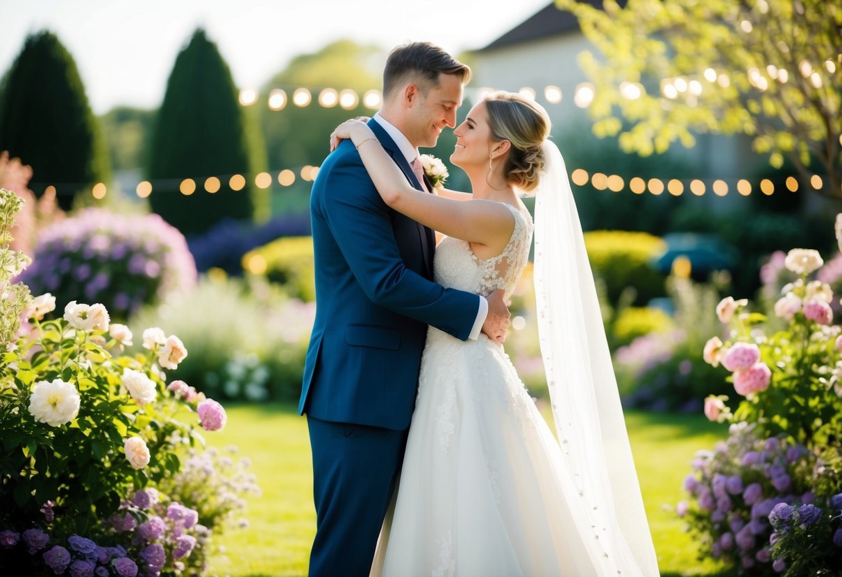 A bride and groom stand in a sunlit garden, surrounded by blooming flowers and twinkling lights, sharing a tender embrace
