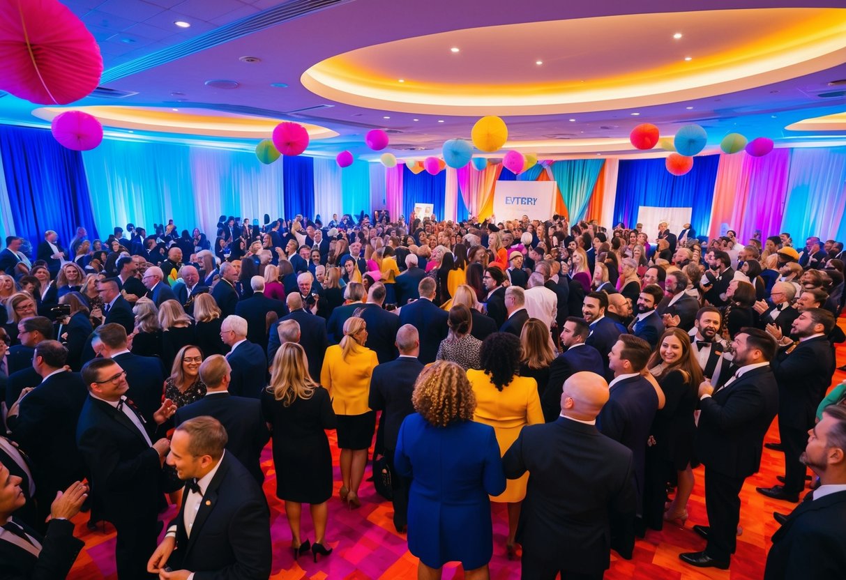 A vibrant event venue with colorful decor, cheerful crowd, and coordinated staff